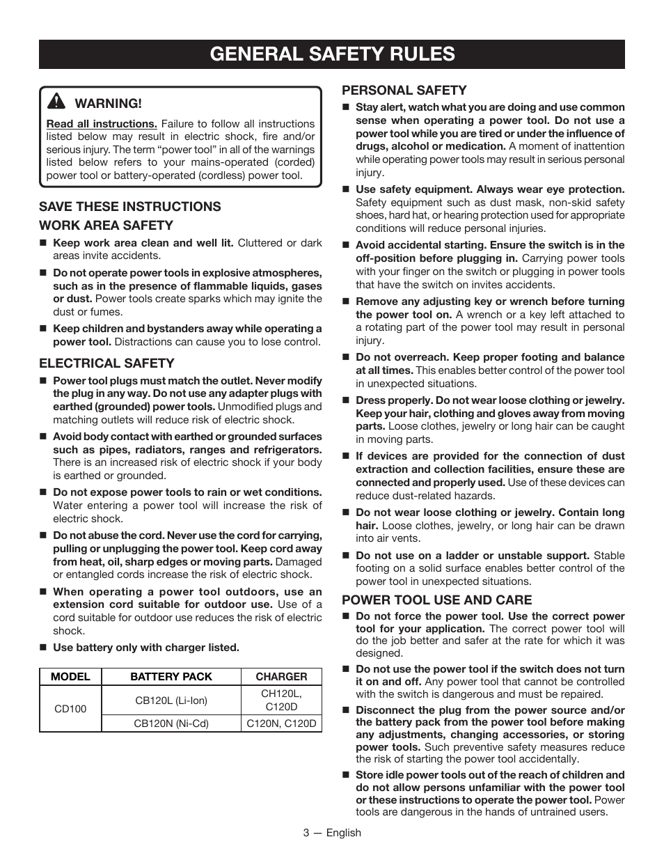 General safety rules | Ryobi CD100 User Manual | Page 3 / 36