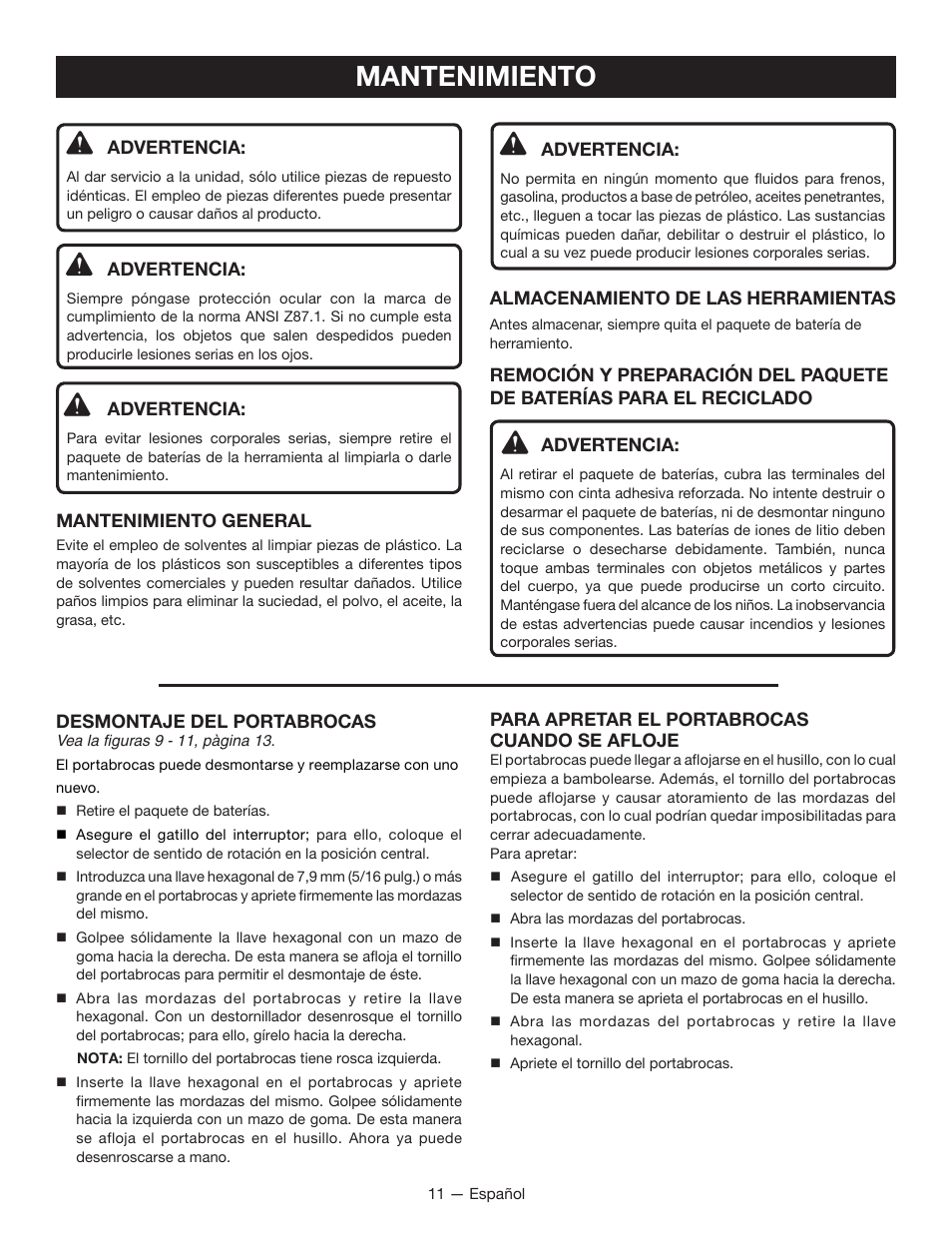 Mantenimiento | Ryobi CD100 User Manual | Page 32 / 36