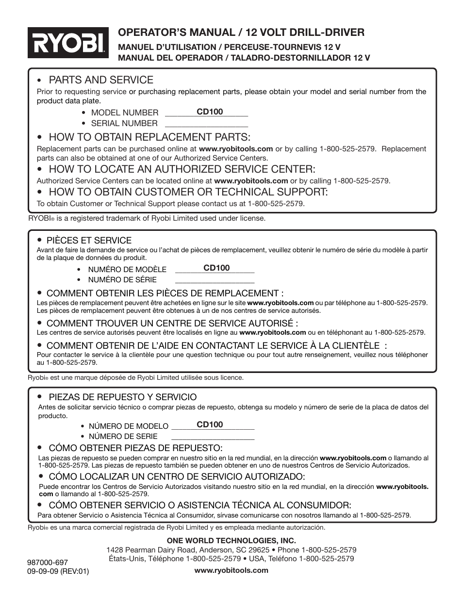 Parts and service, How to obtain replacement parts, How to locate an authorized service center | How to obtain customer or technical support, Operator’s manual / 12 volt drill-driver | Ryobi CD100 User Manual | Page 36 / 36