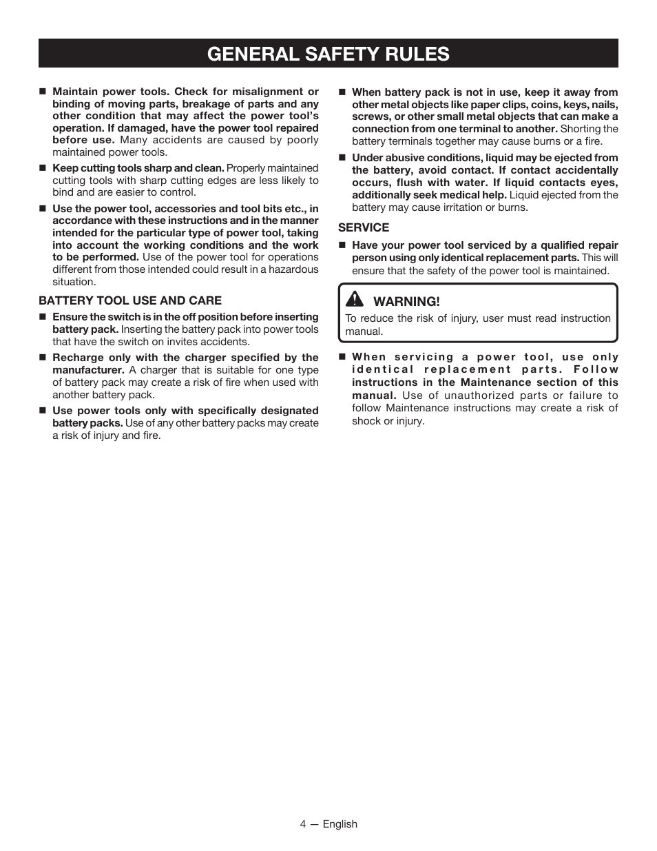 General safety rules | Ryobi CD100 User Manual | Page 4 / 36