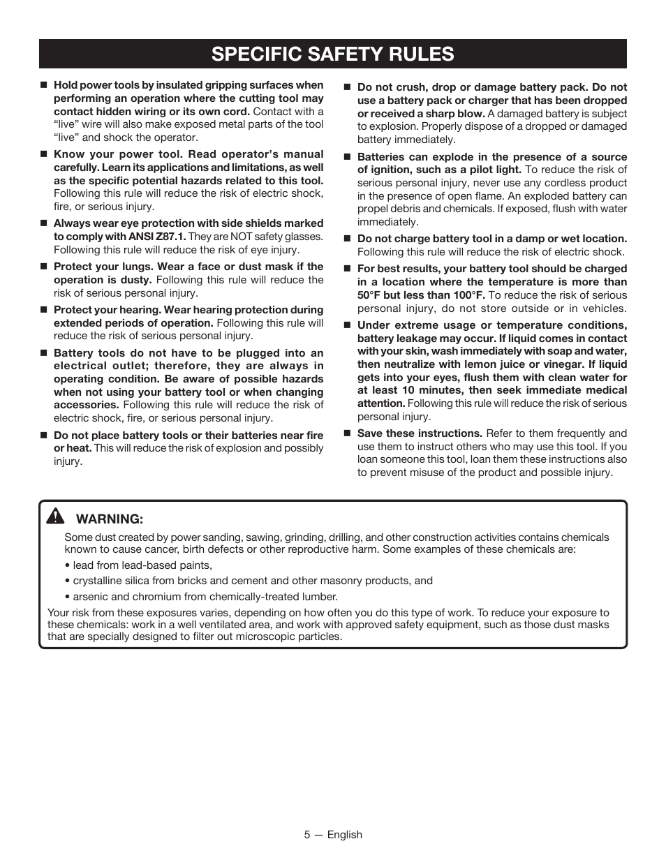 Specific safety rules | Ryobi CD100 User Manual | Page 5 / 36