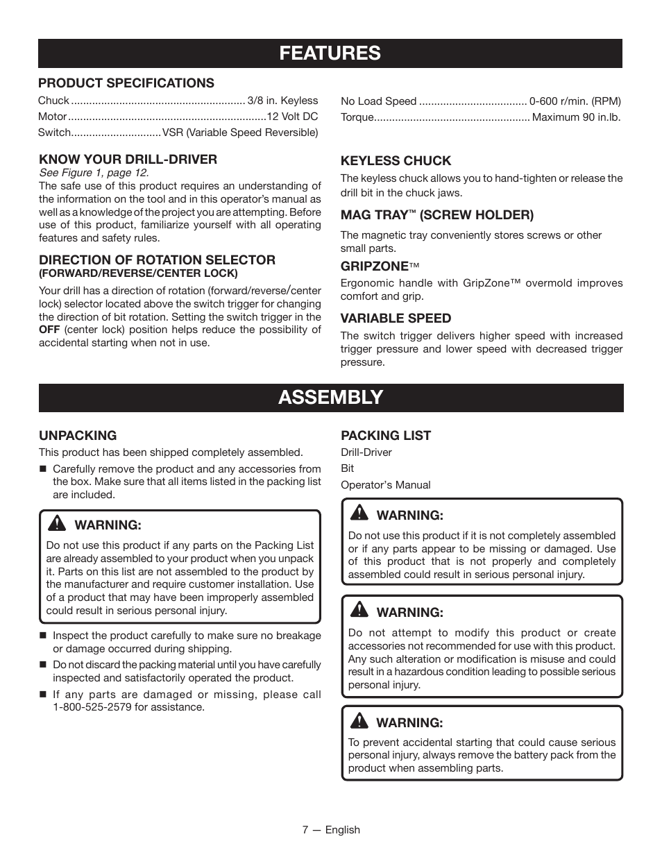 Features, Assembly | Ryobi CD100 User Manual | Page 7 / 36