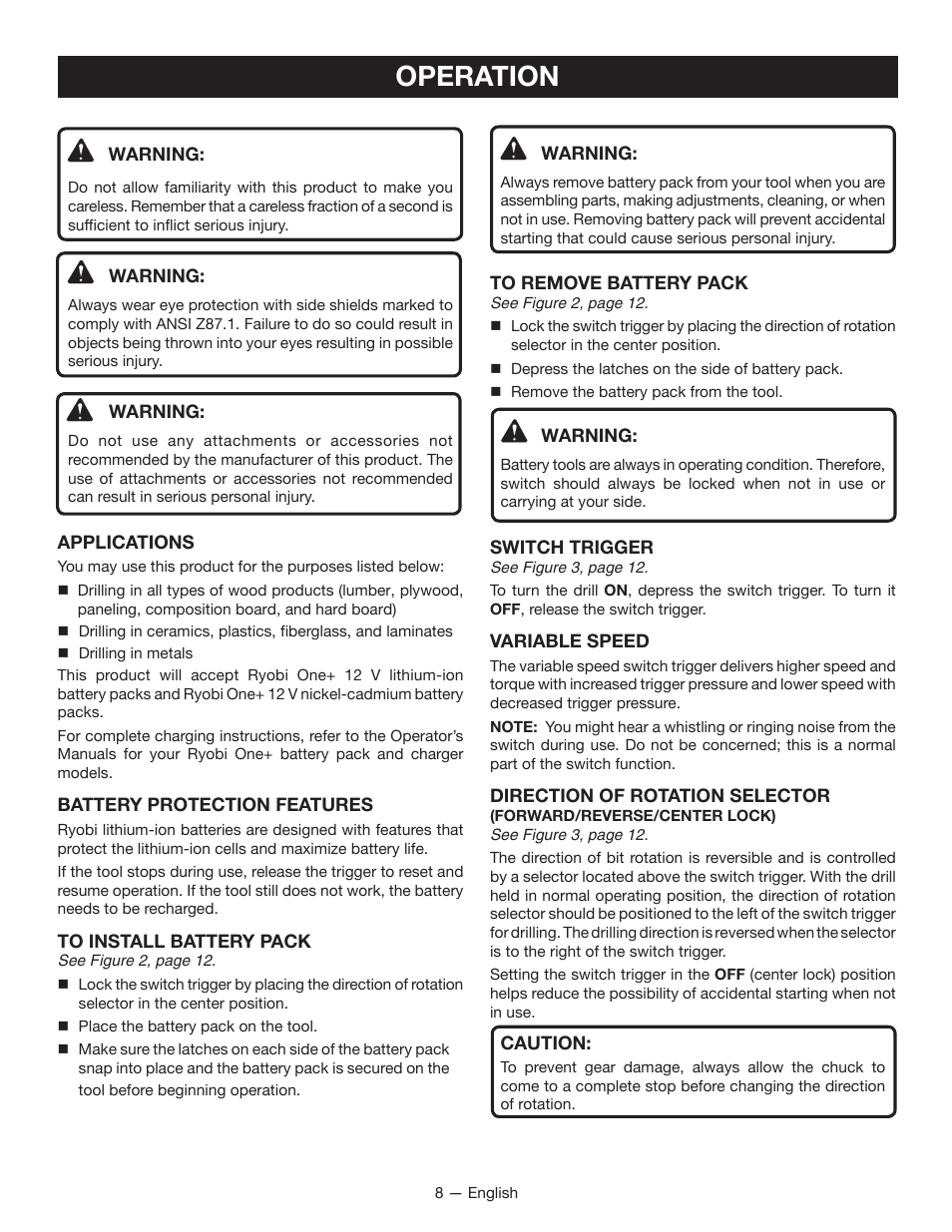 Operation | Ryobi CD100 User Manual | Page 8 / 36