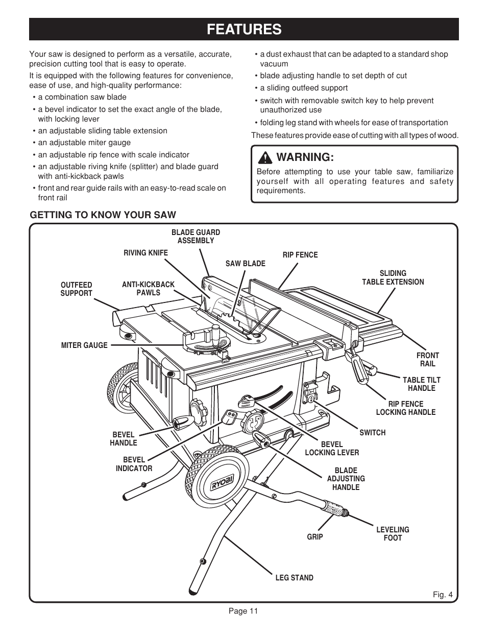 Features, Warning | Ryobi bts20r User Manual | Page 11 / 34
