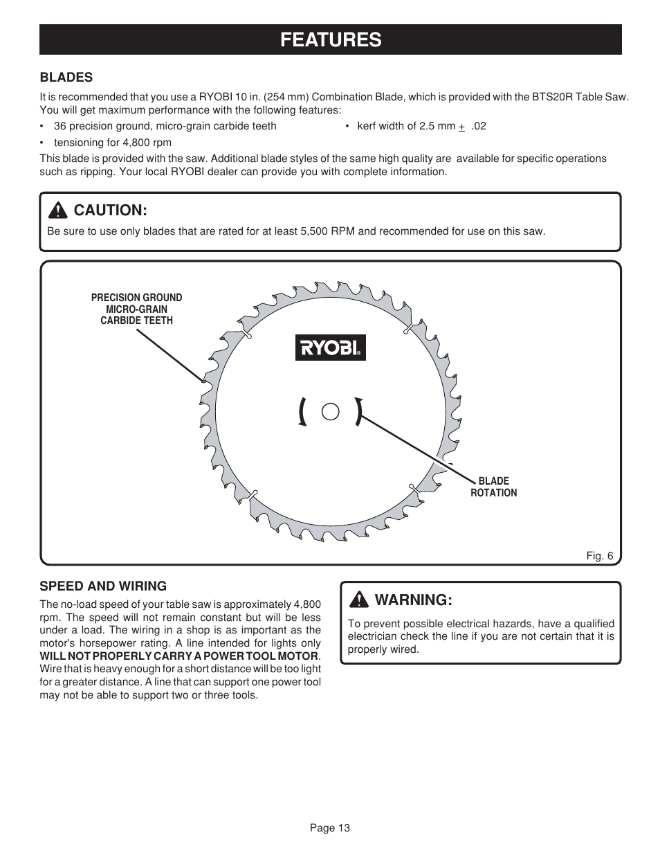 Features, Caution, Warning | Ryobi bts20r User Manual | Page 13 / 34