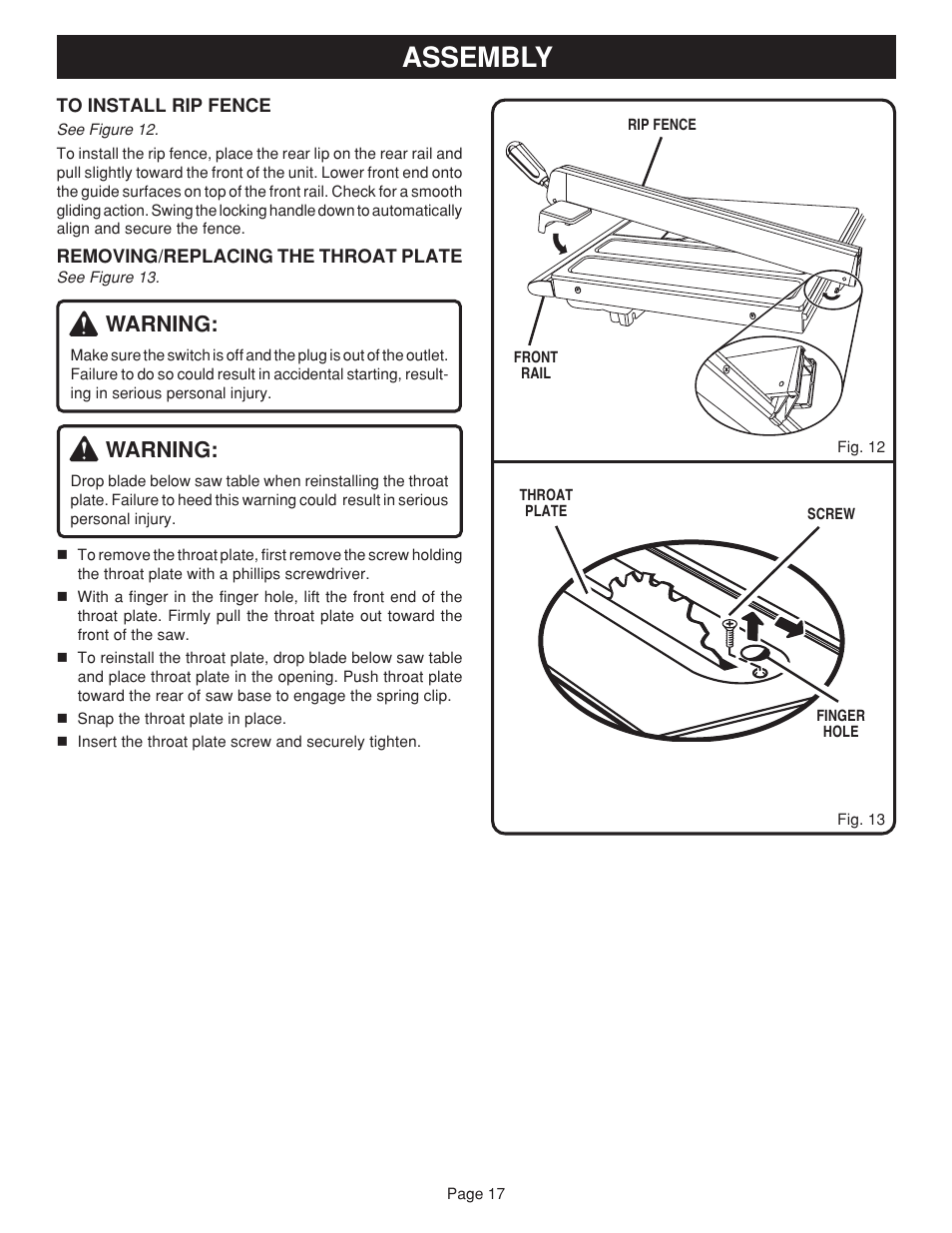 Assembly, Warning | Ryobi bts20r User Manual | Page 17 / 34