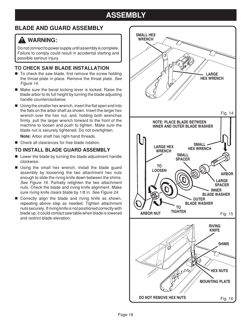 Assembly, Blade and guard assembly warning | Ryobi bts20r User Manual | Page 18 / 34