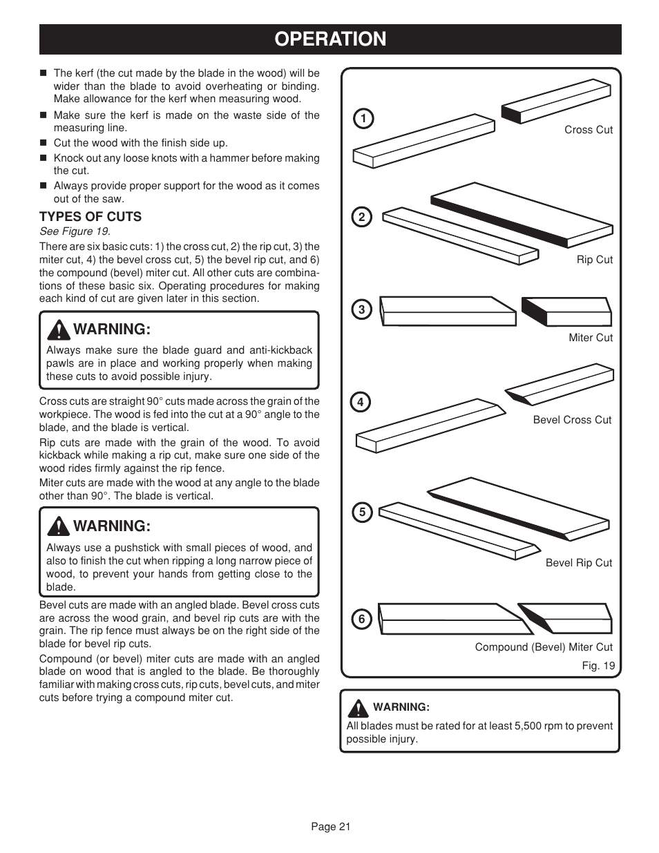 Operation, Warning | Ryobi bts20r User Manual | Page 21 / 34