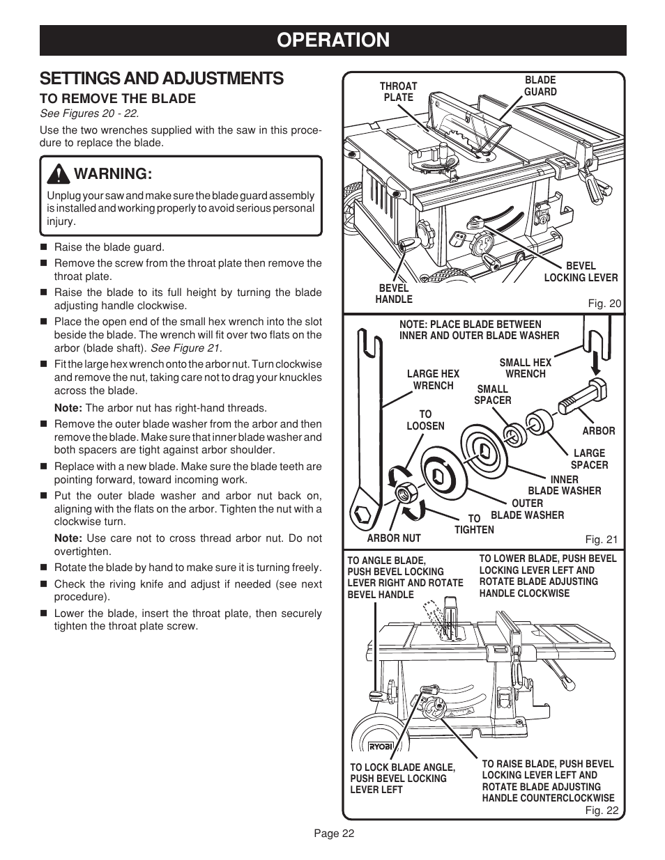 Operation, Settings and adjustments, Warning | Ryobi bts20r User Manual | Page 22 / 34
