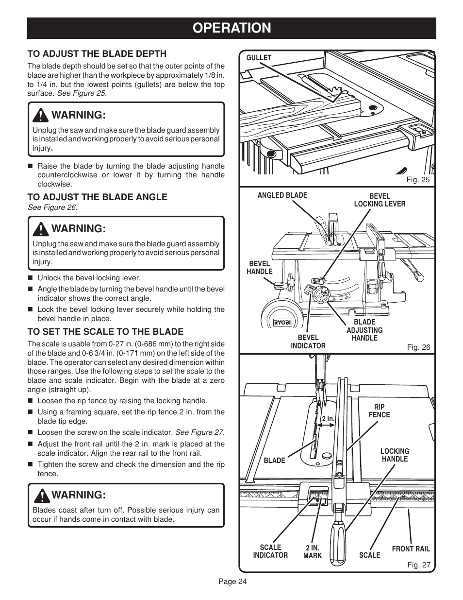 Operation, Warning | Ryobi bts20r User Manual | Page 24 / 34