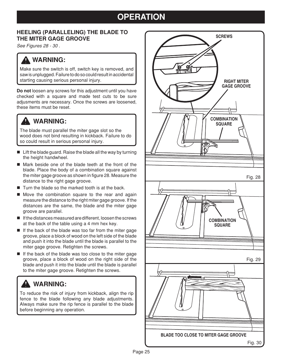 Operation, Warning | Ryobi bts20r User Manual | Page 25 / 34