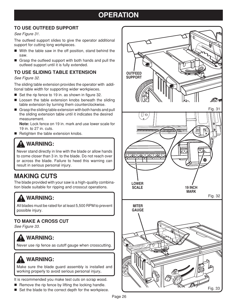 Operation, Making cuts, Warning | Ryobi bts20r User Manual | Page 26 / 34