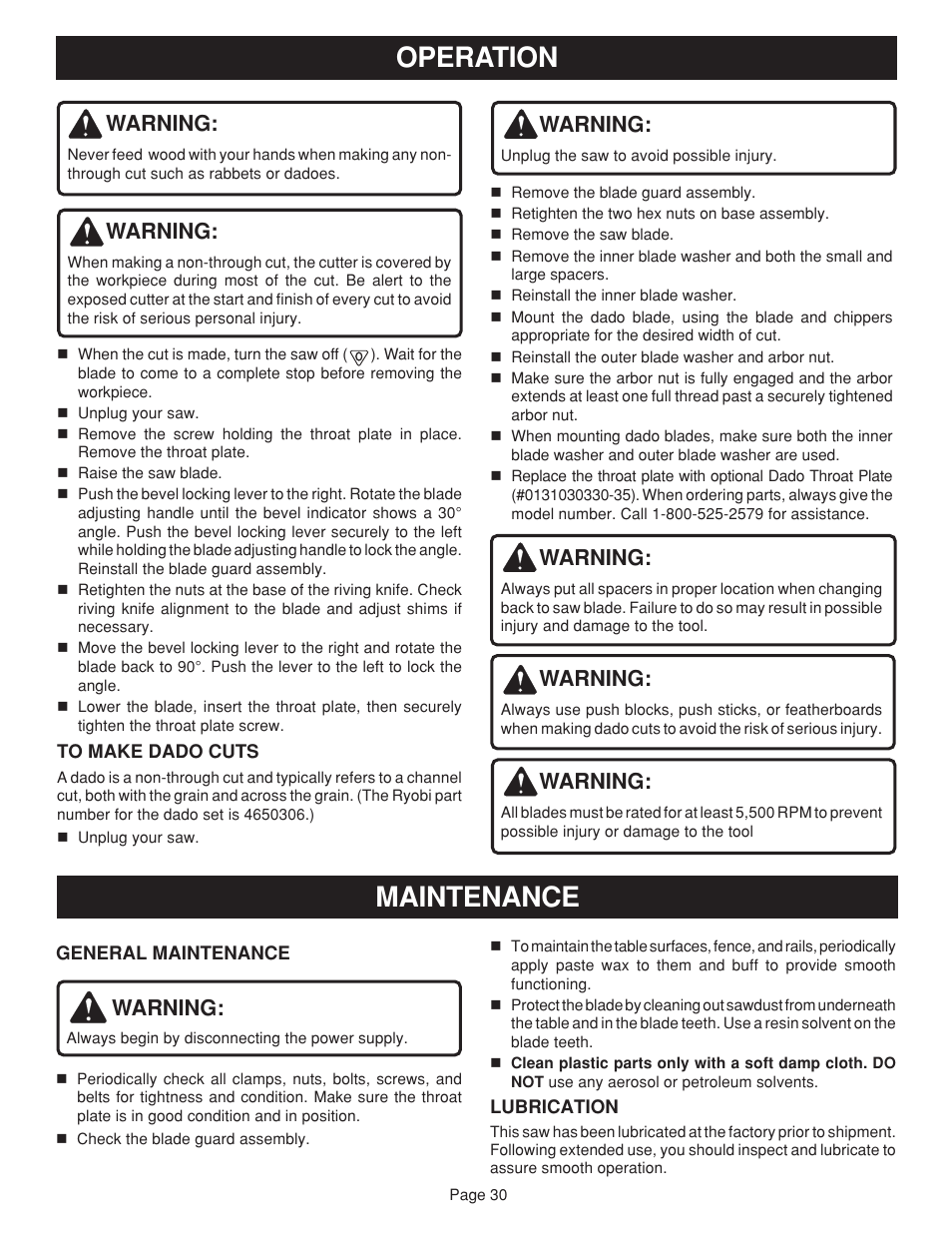 Operation, Maintenance | Ryobi bts20r User Manual | Page 30 / 34