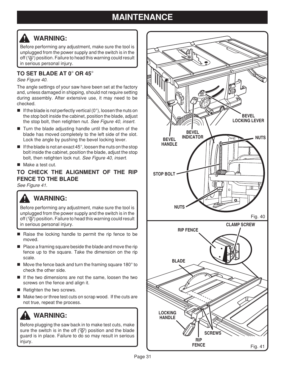 Maintenance, Warning | Ryobi bts20r User Manual | Page 31 / 34