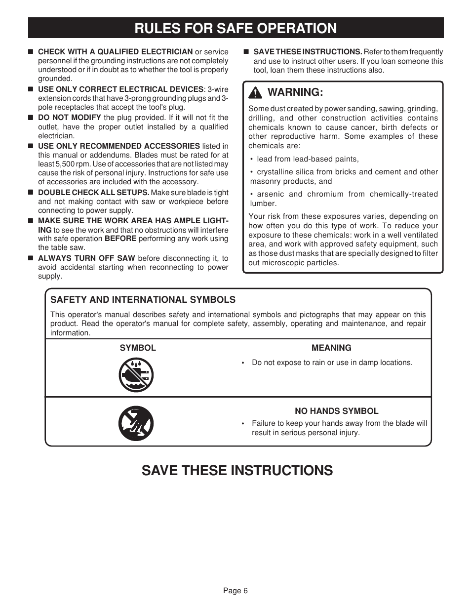 Rules for safe operation, Save these instructions, Warning | Ryobi bts20r User Manual | Page 6 / 34