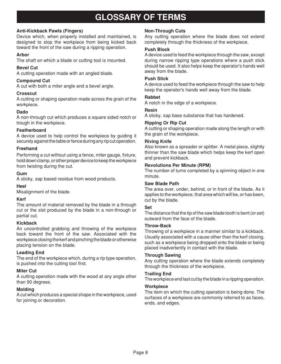 Glossary of terms | Ryobi bts20r User Manual | Page 8 / 34