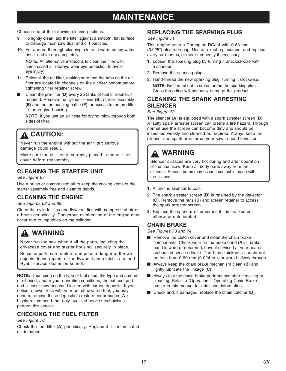 Maintenance, Caution, Warning | Ryobi PCN3840-RY74005D User Manual | Page 17 / 20