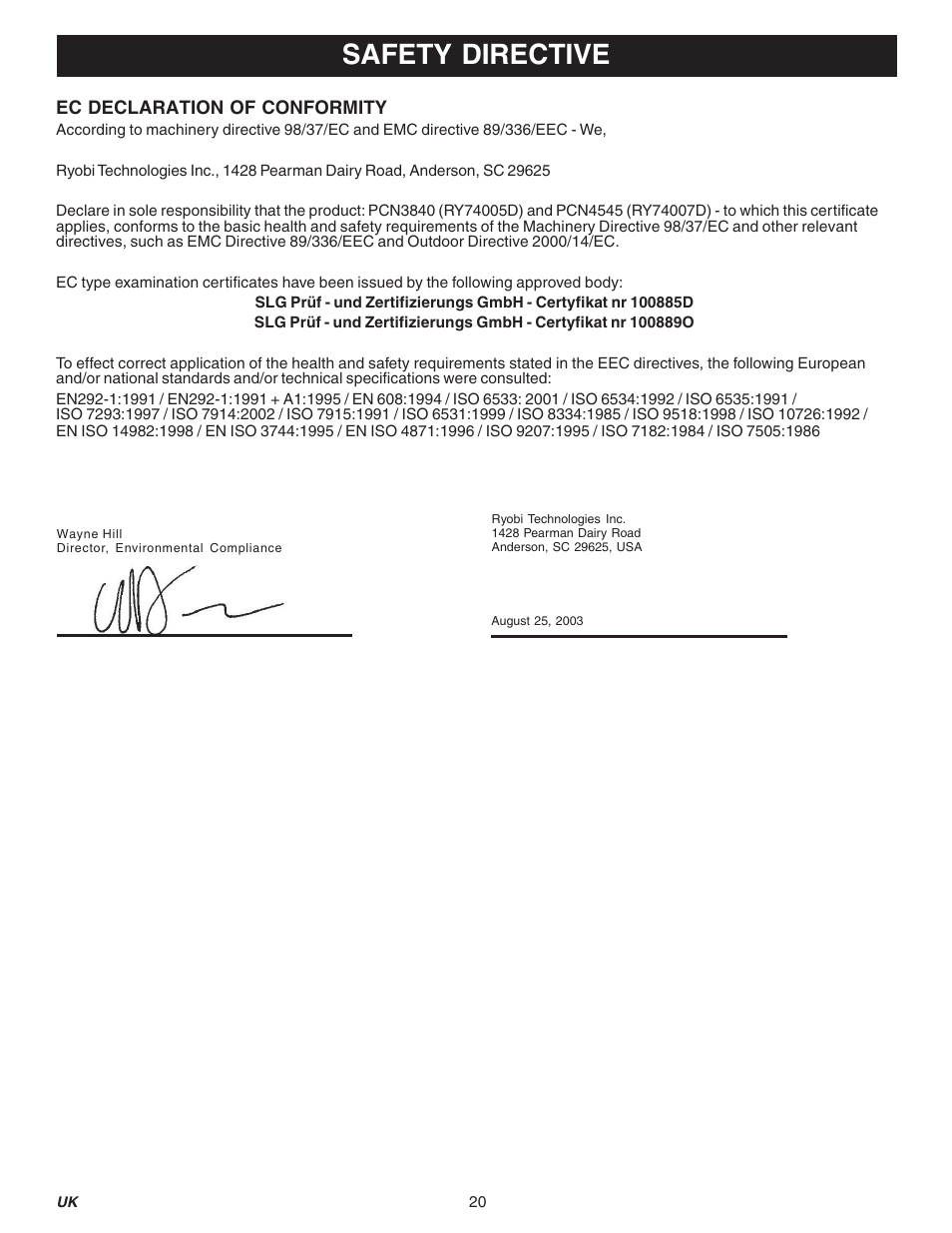 Safety directive | Ryobi PCN3840-RY74005D User Manual | Page 20 / 20