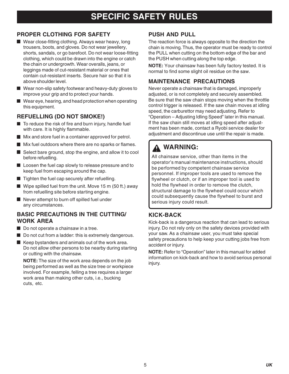 Specific safety rules, Warning | Ryobi PCN3840-RY74005D User Manual | Page 5 / 20