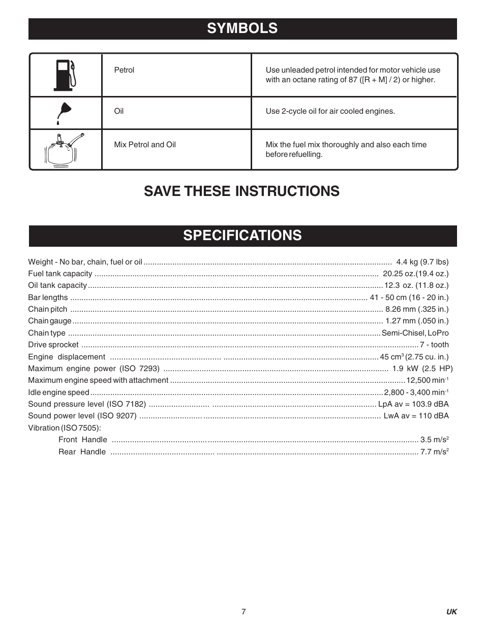 Save these instructions symbols specifications | Ryobi PCN3840-RY74005D User Manual | Page 7 / 20