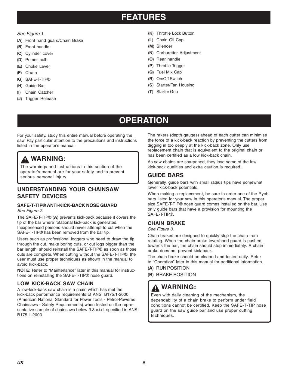 Operation features, Warning | Ryobi PCN3840-RY74005D User Manual | Page 8 / 20