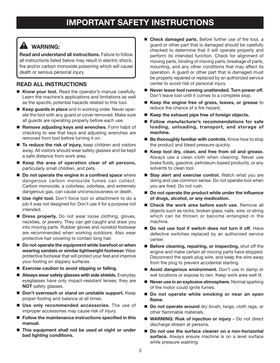 Important safety instructions, Warning | Ryobi RPW2500WB User Manual | Page 3 / 25