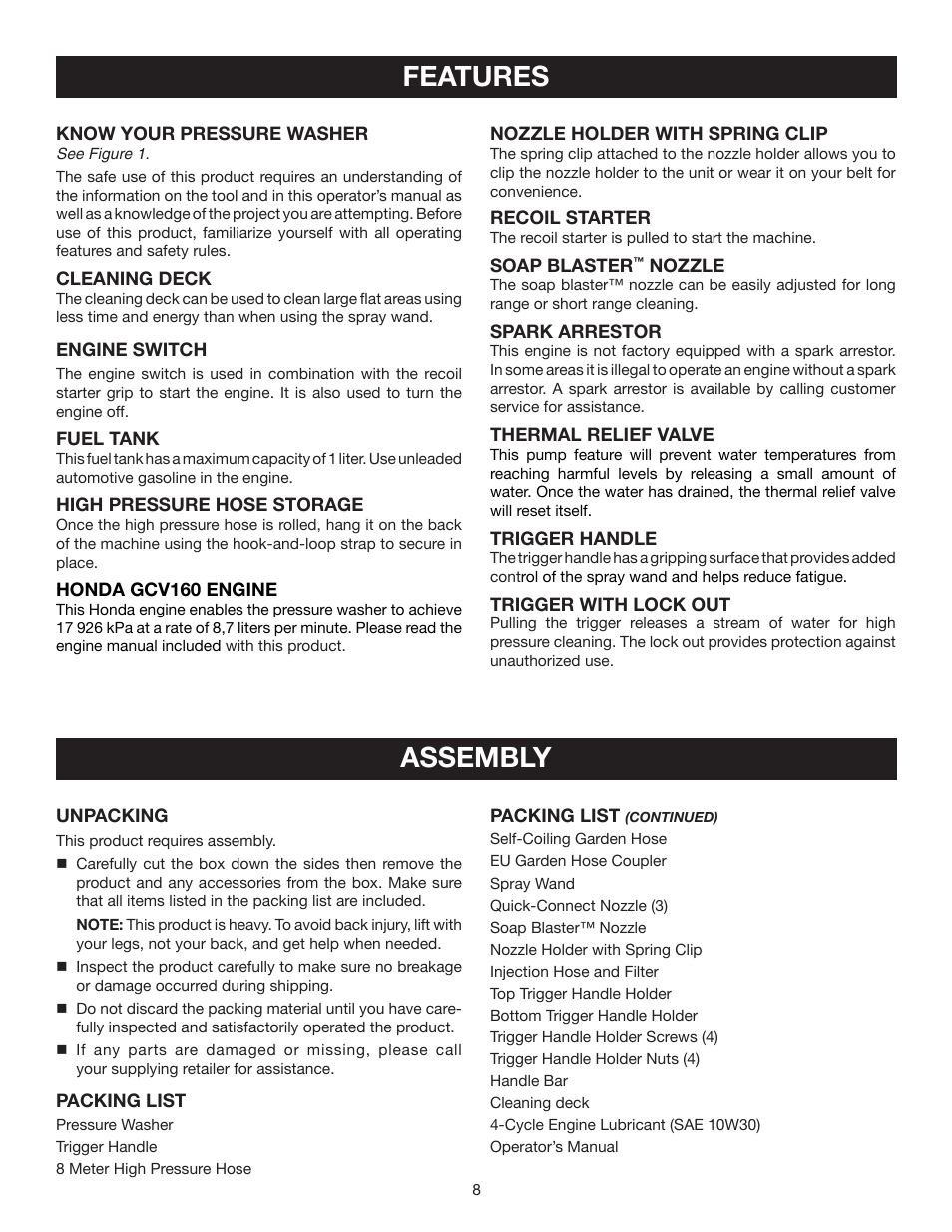 Features, Assembly | Ryobi RPW2500WB User Manual | Page 8 / 25