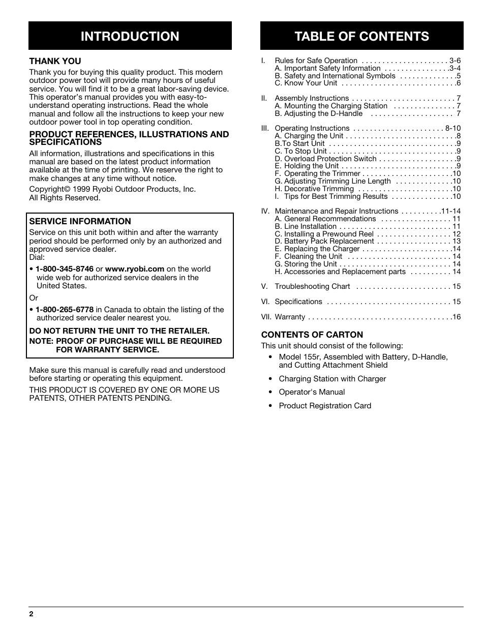 Introduction table of contents | Ryobi 155r User Manual | Page 2 / 16