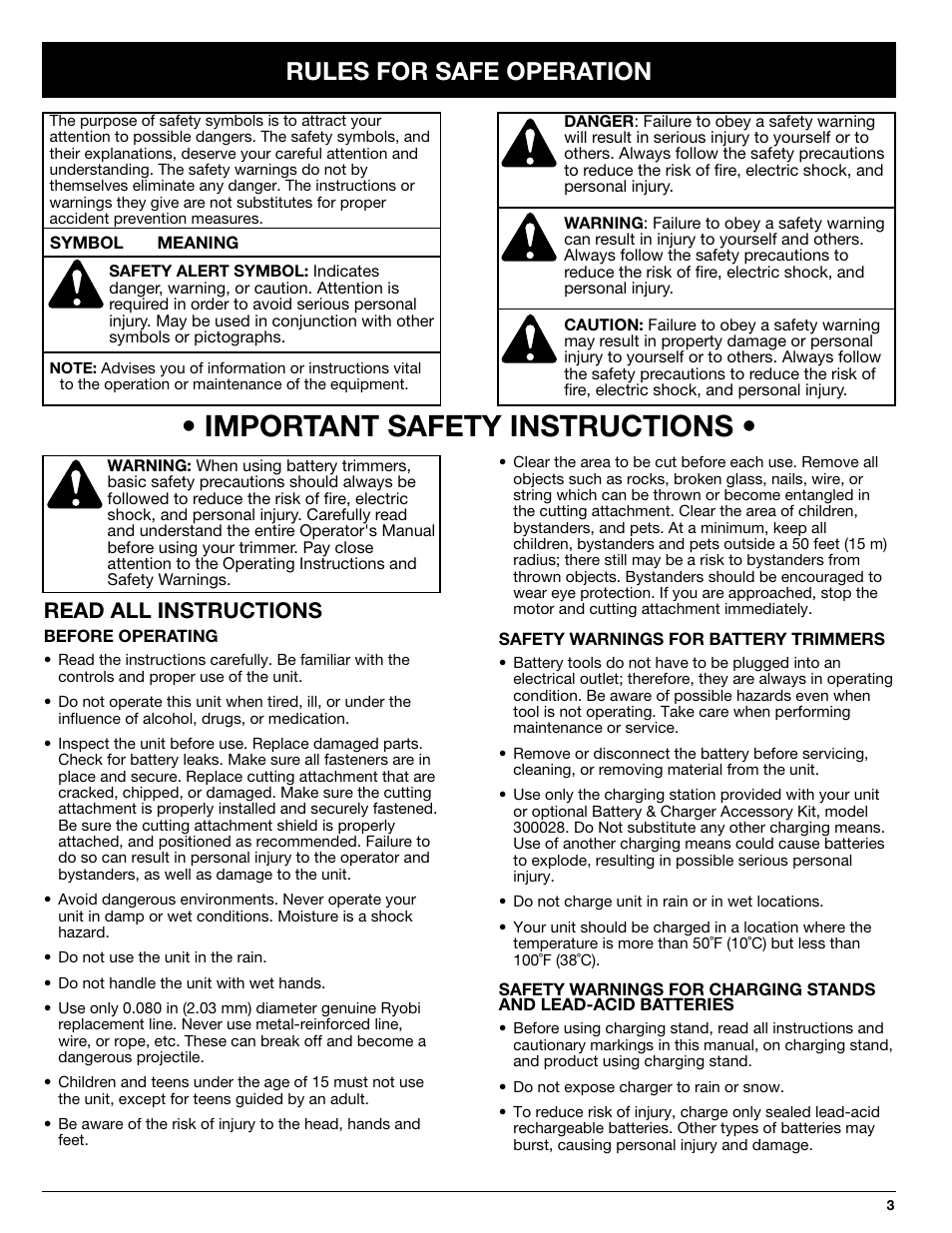 Important safety instructions, Rules for safe operation, Read all instructions | Ryobi 155r User Manual | Page 3 / 16