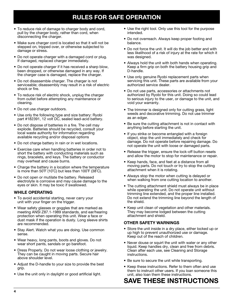 Save these instructions, Rules for safe operation | Ryobi 155r User Manual | Page 4 / 16