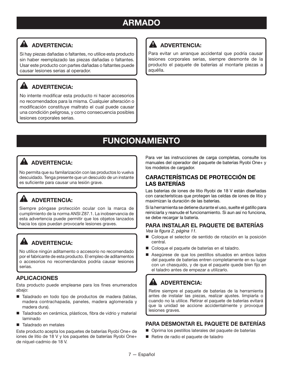 Armado, Funcionamiento | Ryobi P204 User Manual | Page 25 / 32