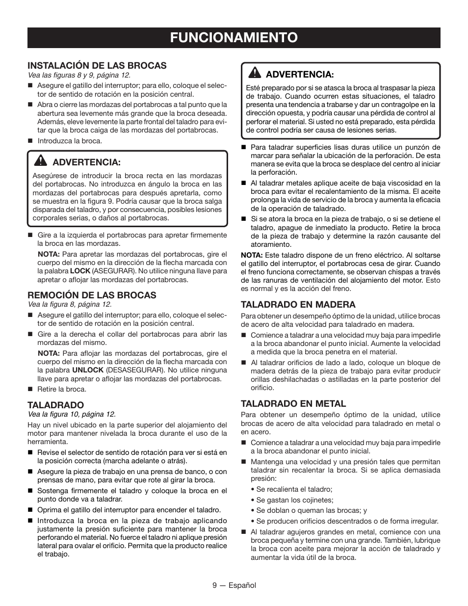 Funcionamiento, Instalación de las brocas, Advertencia | Remoción de las brocas, Taladrado, Taladrado en madera, Taladrado en metal | Ryobi P204 User Manual | Page 27 / 32