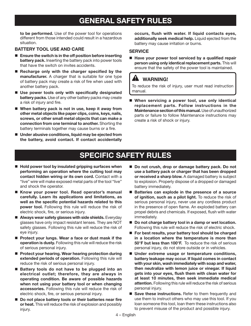 General safety rules specific safety rules | Ryobi P204 User Manual | Page 4 / 32