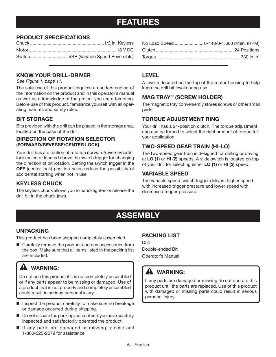 Features, Assembly | Ryobi P204 User Manual | Page 6 / 32