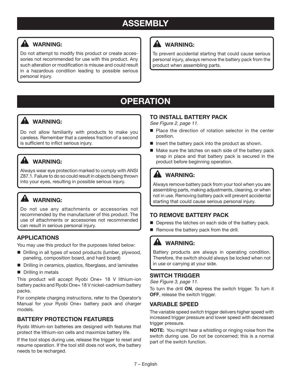 Operation, Assembly | Ryobi P204 User Manual | Page 7 / 32