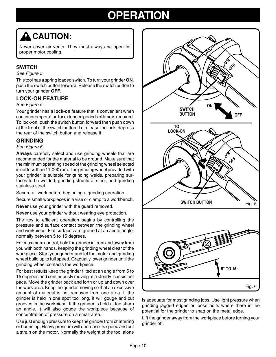 Operation, Caution | Ryobi G1151C User Manual | Page 10 / 14