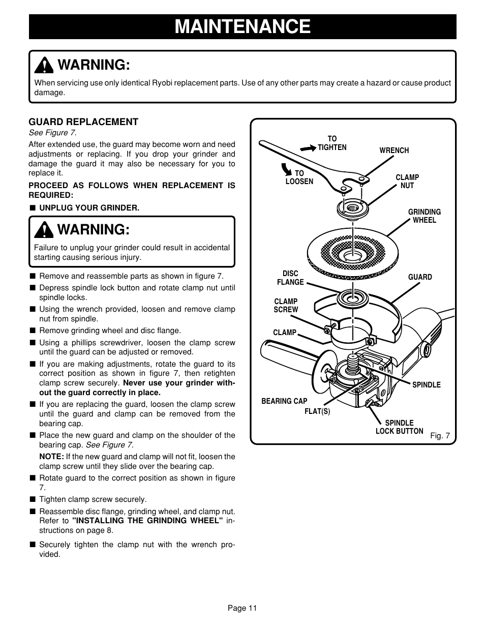 Maintenance, Warning | Ryobi G1151C User Manual | Page 11 / 14