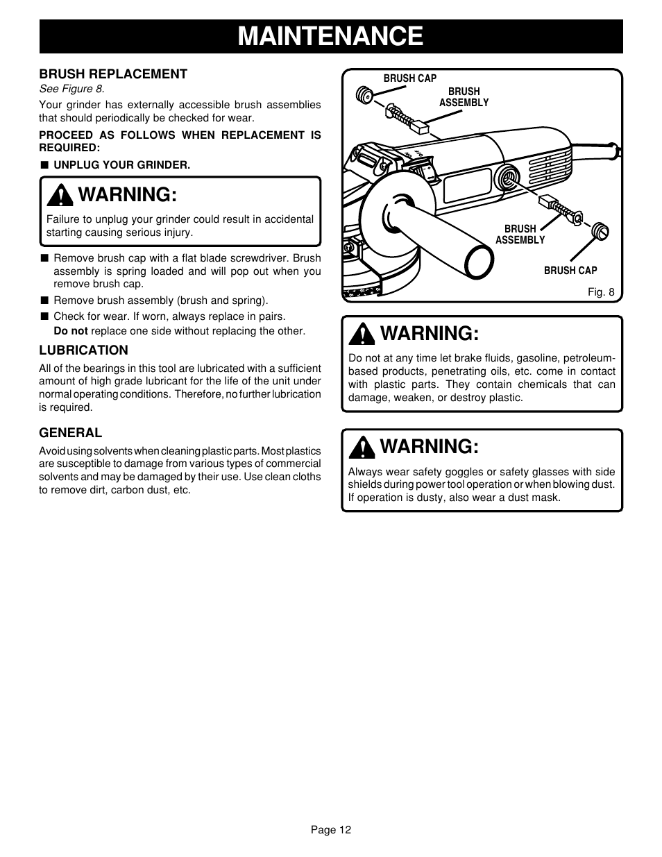 Maintenance, Warning | Ryobi G1151C User Manual | Page 12 / 14