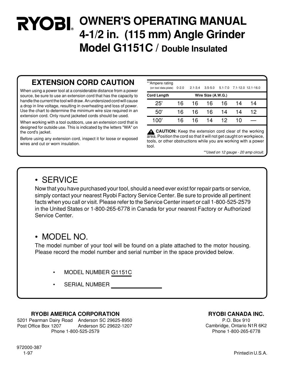 Double insulated, Service, Model no | Extension cord caution | Ryobi G1151C User Manual | Page 14 / 14