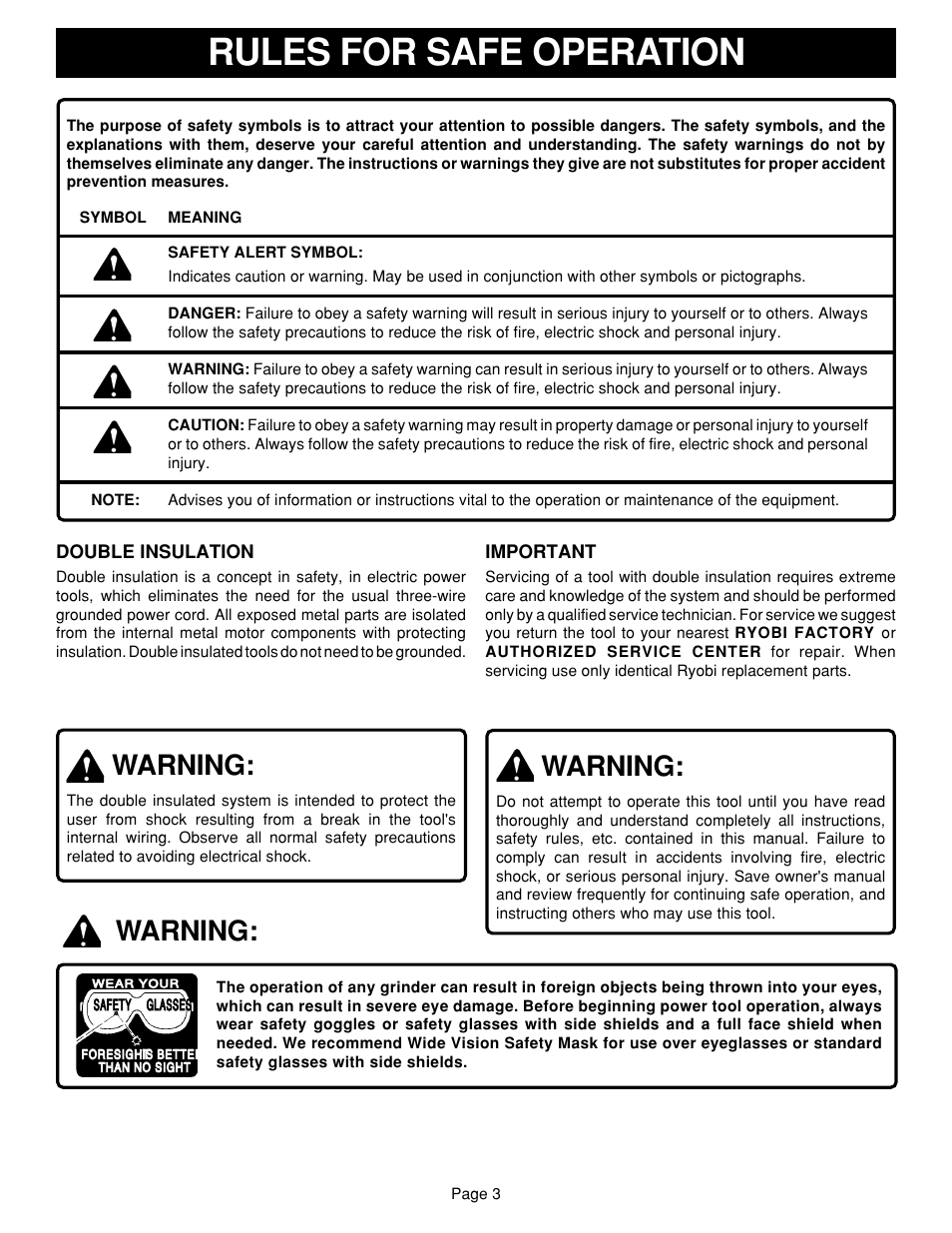 Rules for safe operation, Warning | Ryobi G1151C User Manual | Page 3 / 14