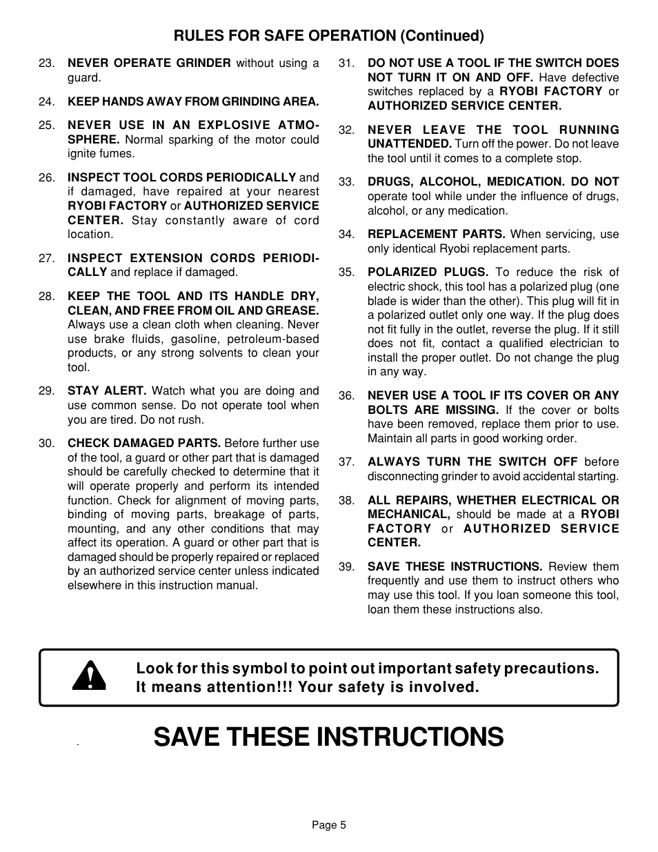 Save these instructions | Ryobi G1151C User Manual | Page 5 / 14