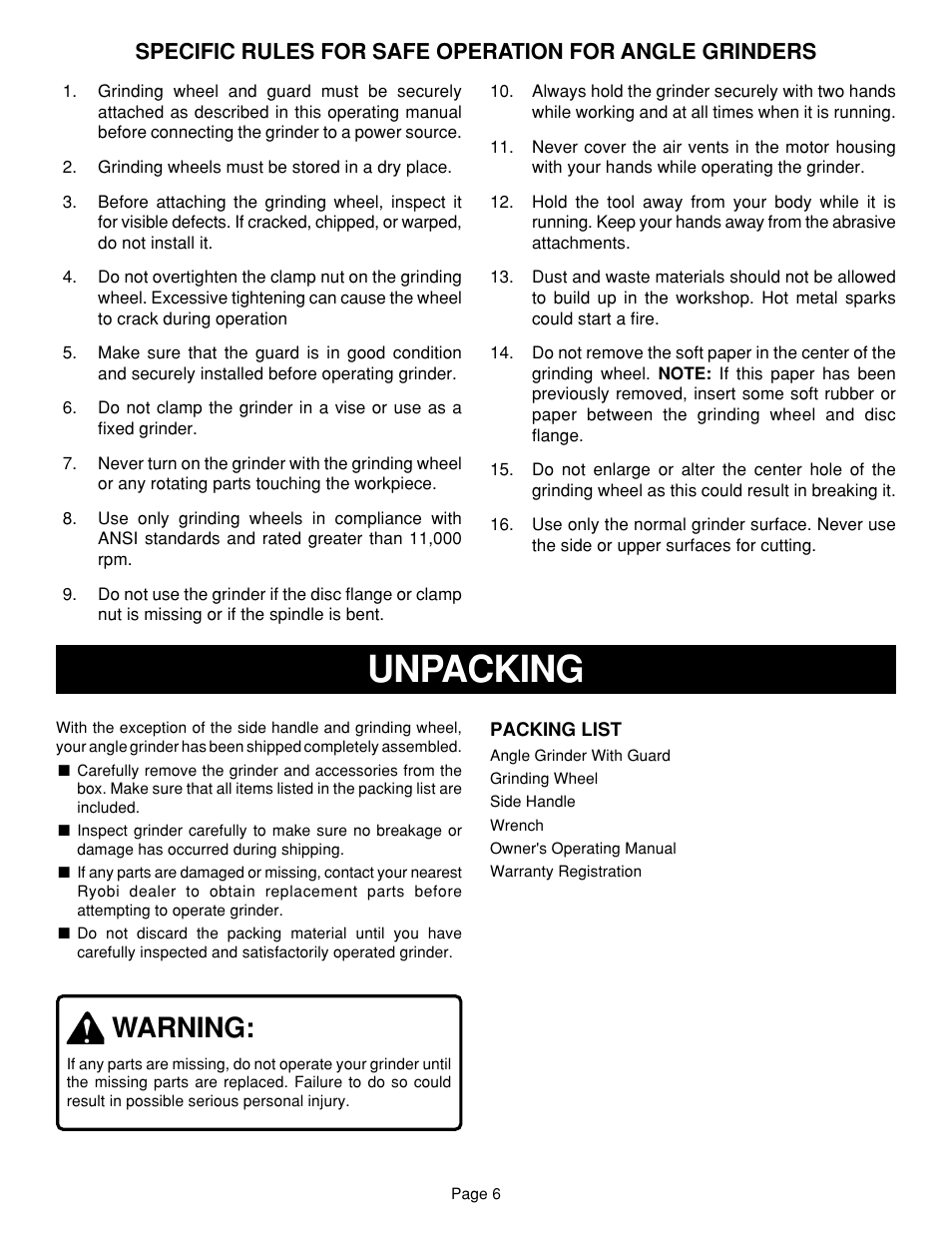 Unpacking, Warning | Ryobi G1151C User Manual | Page 6 / 14