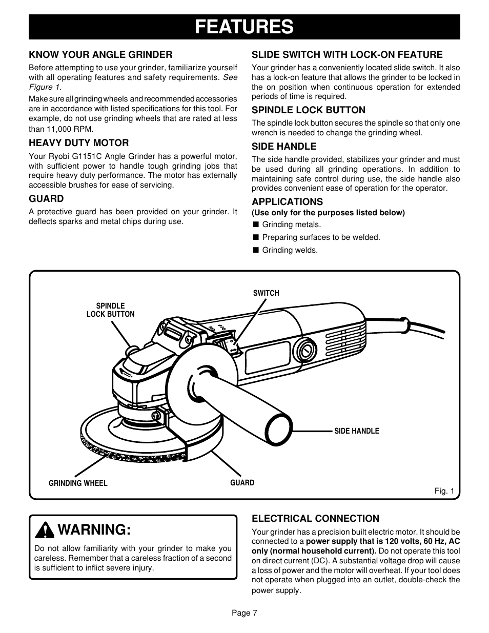 Features, Warning | Ryobi G1151C User Manual | Page 7 / 14