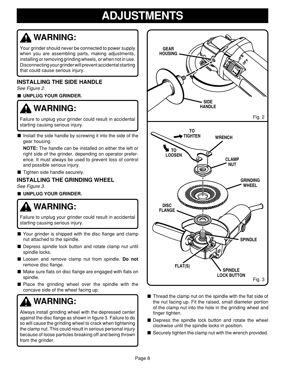 Adjustments, Warning | Ryobi G1151C User Manual | Page 8 / 14