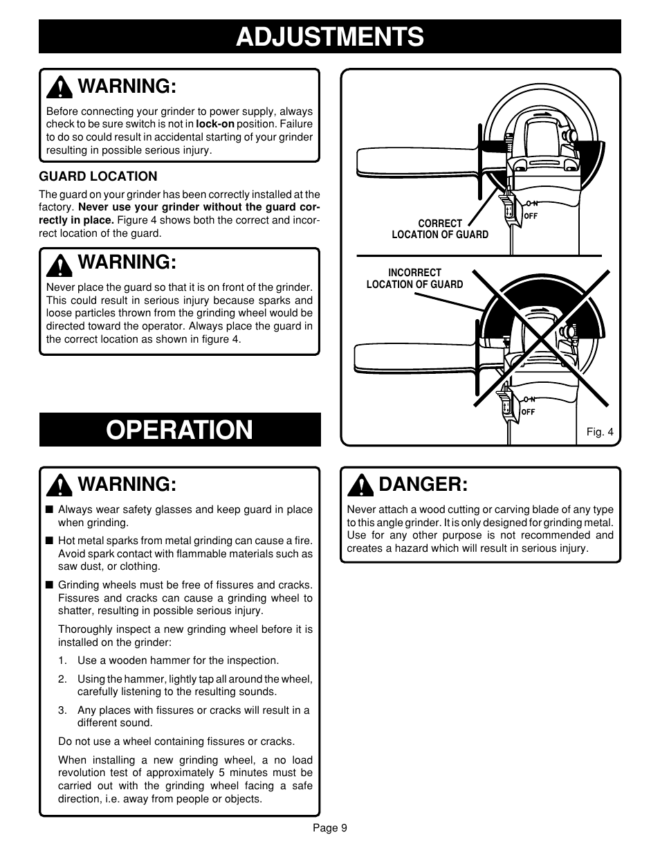 Adjustments, Operation, Warning | Danger | Ryobi G1151C User Manual | Page 9 / 14