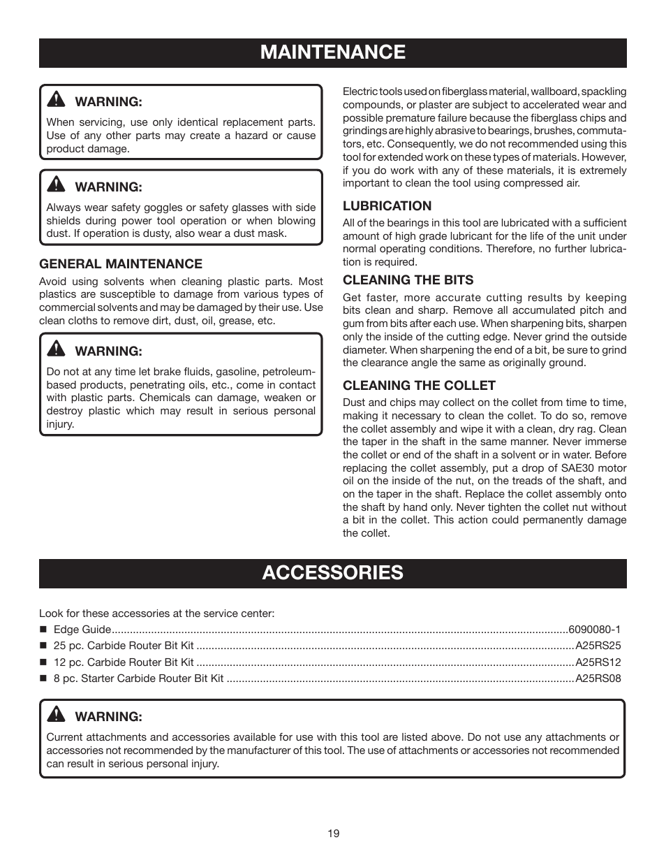 Maintenance, Accessories | Ryobi R163K User Manual | Page 19 / 20