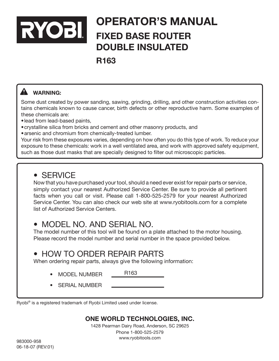 Operator’s manual, Fixed base router double insulated, Service | Model no. and serial no, How to order repair parts, R163 | Ryobi R163K User Manual | Page 20 / 20