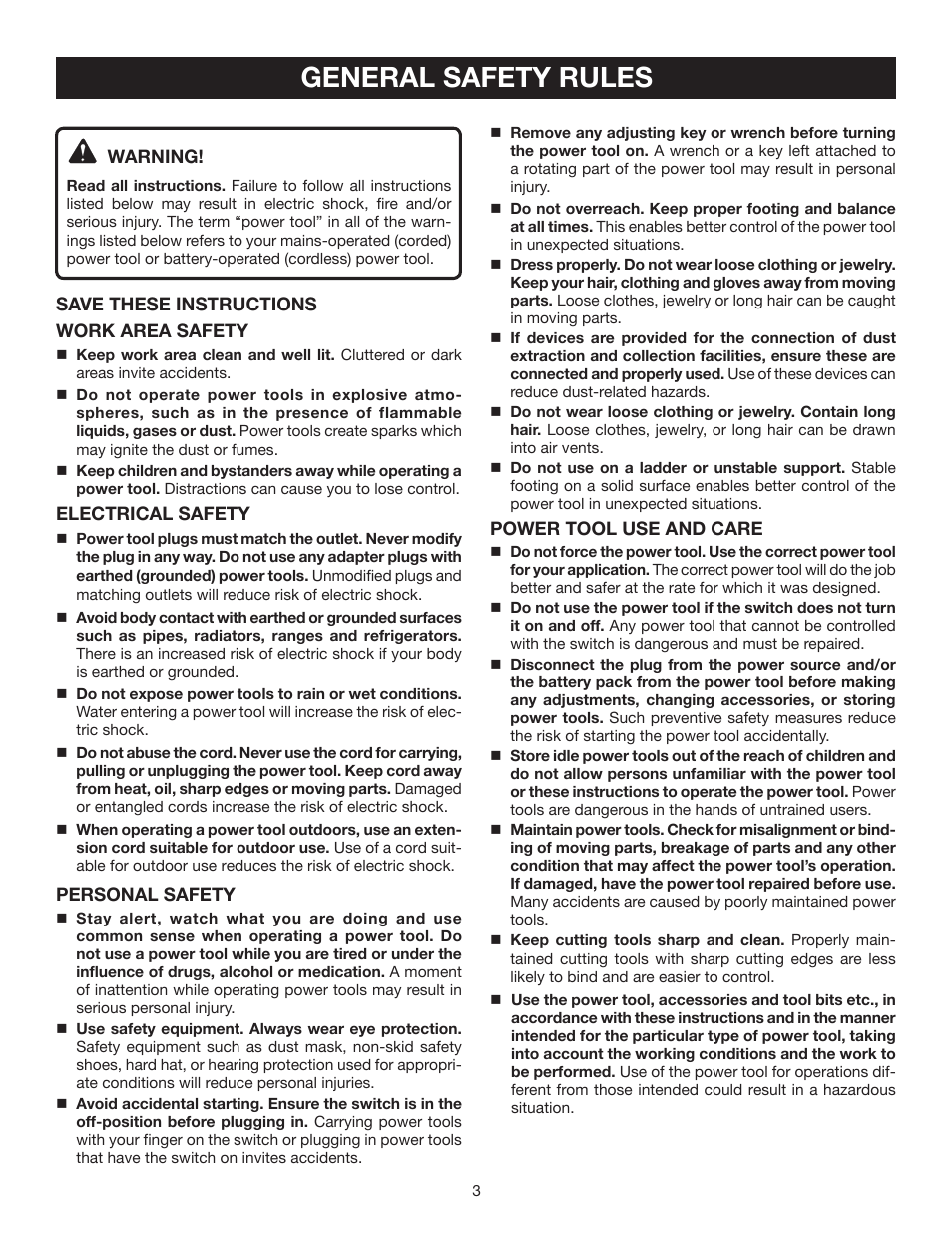 General safety rules | Ryobi R163K User Manual | Page 3 / 20