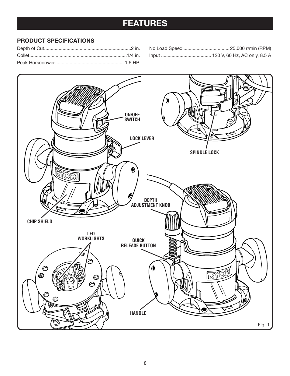 Features | Ryobi R163K User Manual | Page 8 / 20