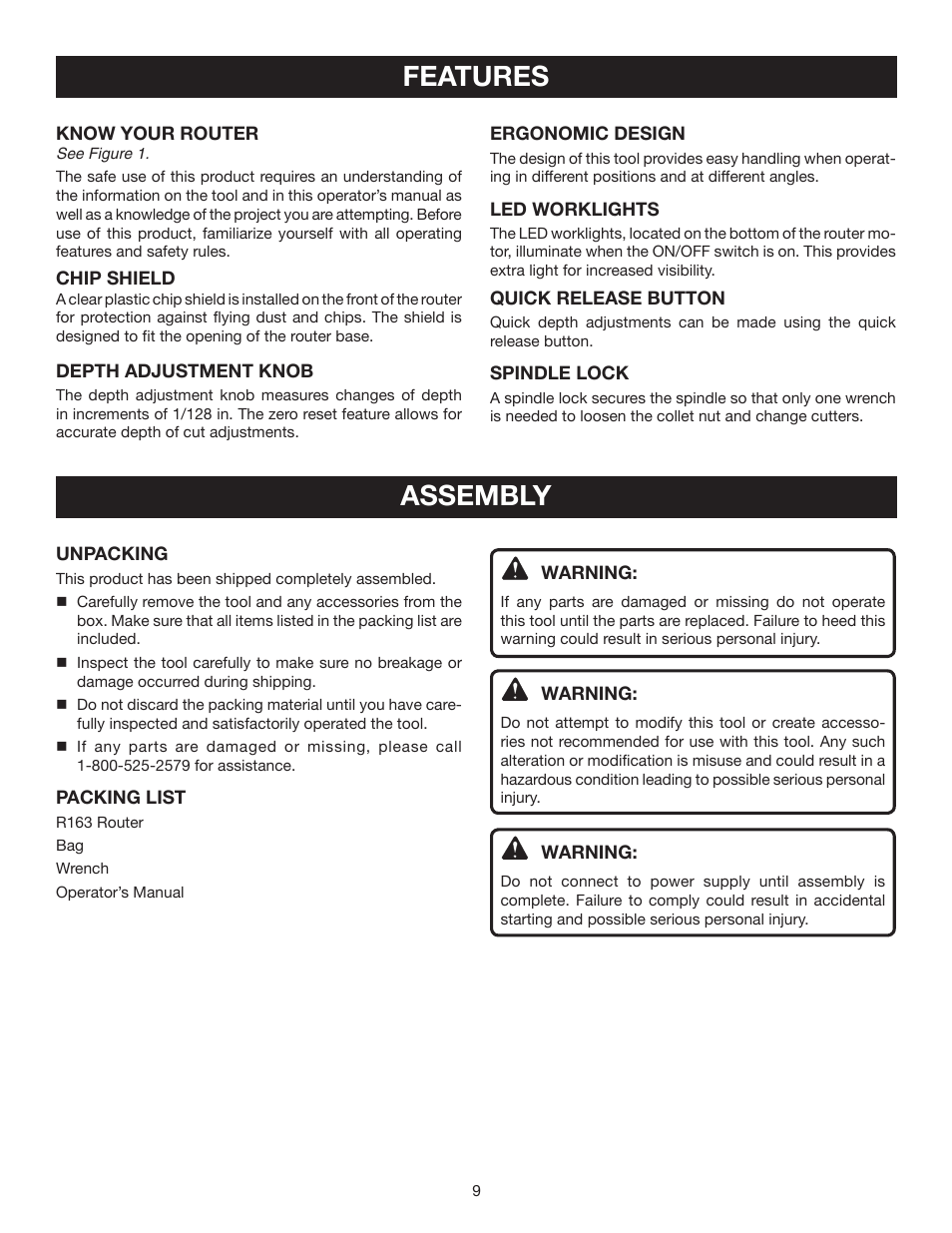 Features, Assembly | Ryobi R163K User Manual | Page 9 / 20